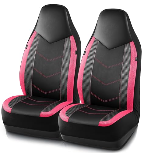 PIC AUTO Leather Car Seat Covers, Sports Carbon Fiber & Mesh Design, High-Back Two Front Set, Waterproof Automotive Seat Covers, Airbag Compatible, Universal Fit for Most Cars (Black & HotPink) - color: HotPink, size: Two Front