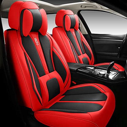 INZU Cute Rabbit Comfortable Leather Auto Car Seat Covers Front & Rear Seat Protector Fit Sedan SUV 5 Seats Full Set Universal Fit (Black & Red) - color: Black Red