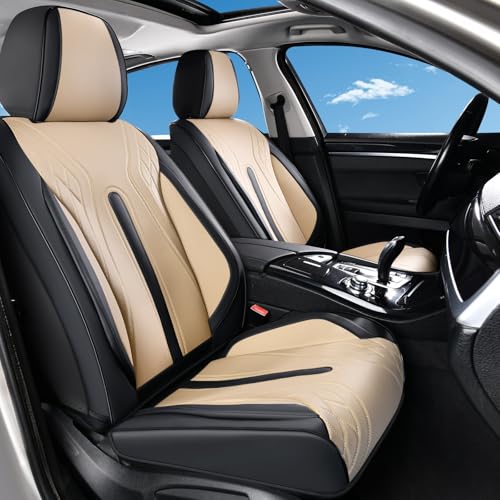 Huidasource Front Seat Covers, Universal Fit for Most Cars SUV Trucks, Full Coverage Nappa Leather Seat Cover, Airbag, Velcro Adjustable, Seat Function Retain, Black&Beige - color: FR: Black&Beige, size: Front