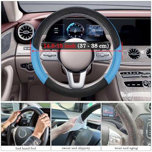 Black & Blue Car Steering Wheel Cover, Microfiber, Leather Patchwork, Universal 14.5-15 Inch Leather Anti-Slip Breathable Auto Steering Wheel Covers for Men Women - color: Black & Blue