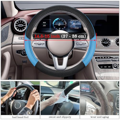 Black & Blue Car Steering Wheel Cover, Microfiber, Leather Patchwork, Universal 14.5-15 Inch Leather Anti-Slip Breathable Auto Steering Wheel Covers for Men Women - color: Black & Blue
