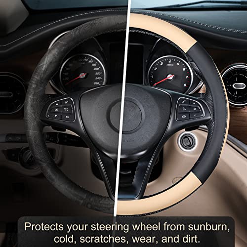 SEG Direct Car Steering Wheel Cover for Medium Standard Size Steering Wheels with 14 1/2-15 inches Outer Diameter, Black and Beige Microfiber Leather - color: 03-Beige, size: Standard size[14 1/2''-15'']