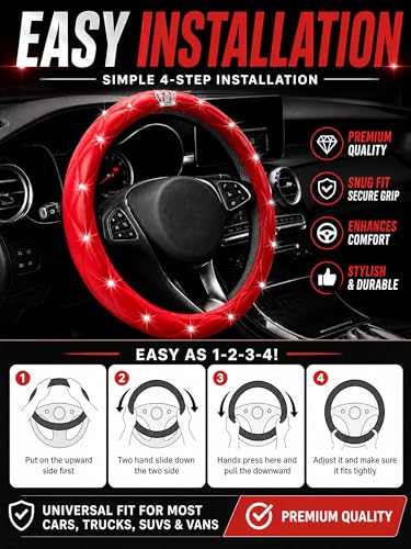 Bling Sparkly Crown Soft Leather Car Steering Wheel Cover for Women Girl,Bling Diamond Crystal Glitter Rhinestones Universal Fit 14.5in-15in Auto Wheel Protector for Suvs,Vans,Sedans,Cars (Crown-Red) - color: Crown-Red