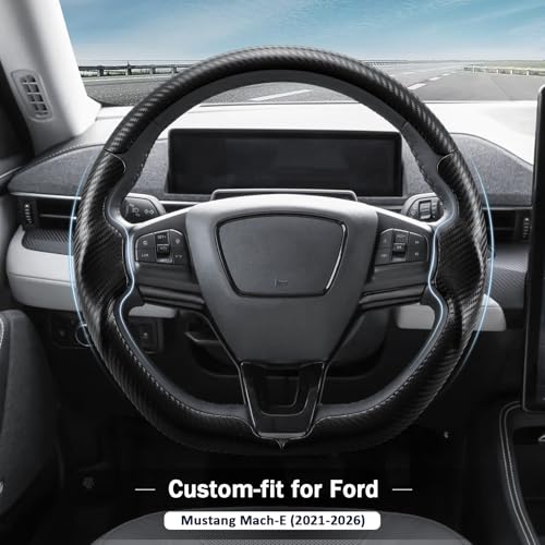 Steering Wheel Cover for Ford Mustang Mach-E 2021-2026, 3-Piece Carbon Fiber Steering Wheel Accessories Custom Fit for Ford Mach-E (Matte Black)