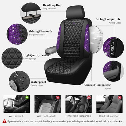 CAR PASS Bling Diamond Leather Car Seat Covers Full Seats Interior Sets, Waterproof Shining Glitter Sparkly Crystal Universal Armrest Fit Automotive Truck SUV Cute Women Girl, Black Purple Rhinestone - color: Purple Rhinestone, size: Full Set