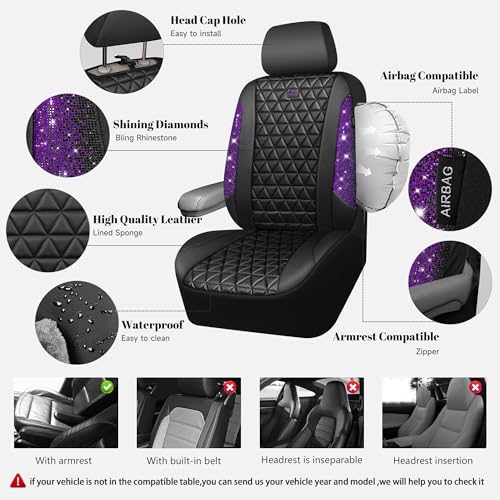 CAR PASS Bling Diamond Leather Car Seat Covers Full Seats Interior Sets, Waterproof Shining Glitter Sparkly Crystal Universal Armrest Fit Automotive Truck SUV Cute Women Girl, Black Purple Rhinestone - color: Purple Rhinestone, size: Full Set