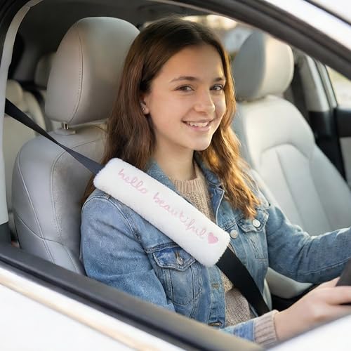 Hello Beautiful Seat Belt Strap Cover Pad, Cute Inspirational Interior Car Accessories Decor, Auto Car Vehicle SUV 2026, White Fluffy Shoulder Neck Cushion Protector for Women Girls, 2 PCS