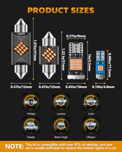 Zakolak 24PCS LED Interior Car Lights, Extremely Bright LED Bulb Kit, Applicable to Dome Map Door Lights and Other Parts Replacement for Your Cars, to Help You See Inside The Car at Night（Yellow） - color: Amber Yellow