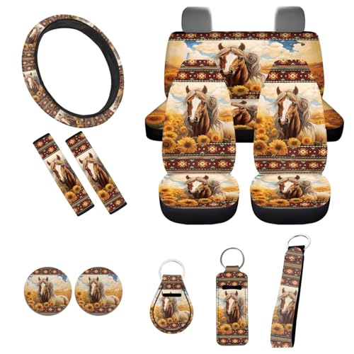 Aztec Horse Sunflower Car Seat Covers Split Seat Cover 11Pcs Horse Car Accessory Interior Full Set with 15Inch Neoprene Steering Wheel Cover Seatbelt Pads Lanyard Keychain Seatbelt Pads - color: Aztec Horse Sunflower