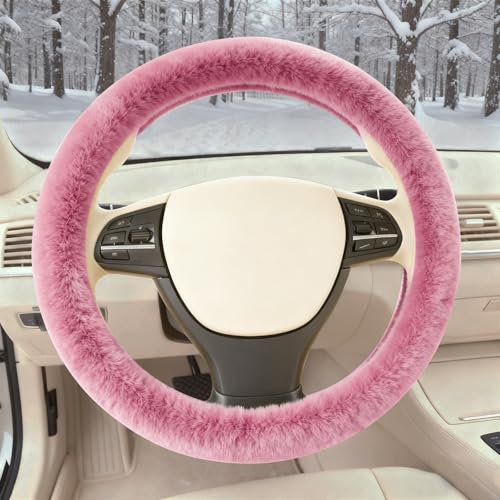 Furry Warm Steering Wheel Cover, Universal 14.5-15 Inch Winter Plush Warm Steering Wheel Cover, Soft Fluffy, Anti-Slip Design, Soft Texture (Pink) - color: Pink Plush