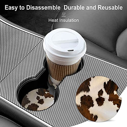 Absorbent Car Coasters 2 Pack for Women/Men,Cow Hide Car Coaster for Drinks,Ceramic Stone Car Cup Holder with A Finger Notch,Farm Animal Brown Cowhide Skin Print Cow - color: Cow Hide