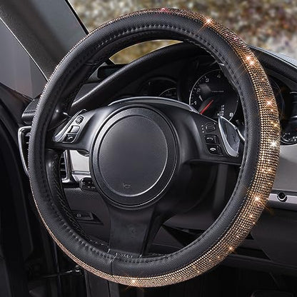 CAR PASS Bling Champagne Diamond Steering Wheel Cover, Black Leather Universal Fit 14.5-15inch Glitter Rhinestones for Women Sparkle Crystal Girly Shining for SUV,Vans,Sedan,Car,Truck, Black Champagne - color: Gold Champagne