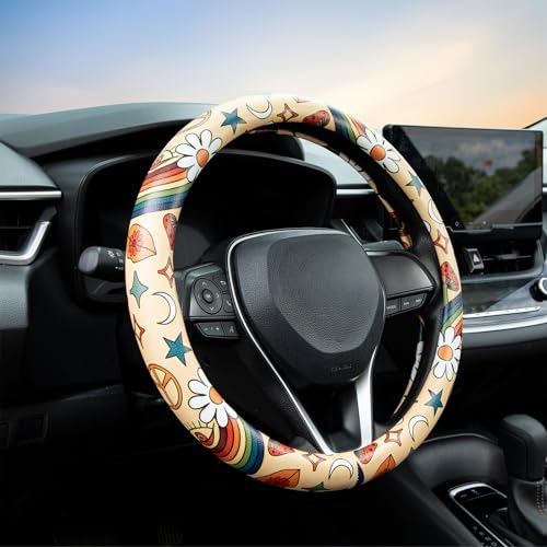 Rainbow Love&Peace Steering Wheel Cover Auto Jacquard Steering Wheel Protector, Anti-Slip, Breathable, Absorbing Sweat, Universal Car Accessories 14.5–15 inch,Fit for Most Car, Trucks, SUV - style: Rainbow Love and Peace