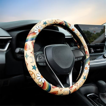 Rainbow Love&Peace Steering Wheel Cover Auto Jacquard Steering Wheel Protector, Anti-Slip, Breathable, Absorbing Sweat, Universal Car Accessories 14.5–15 inch,Fit for Most Car, Trucks, SUV - style: Rainbow Love and Peace