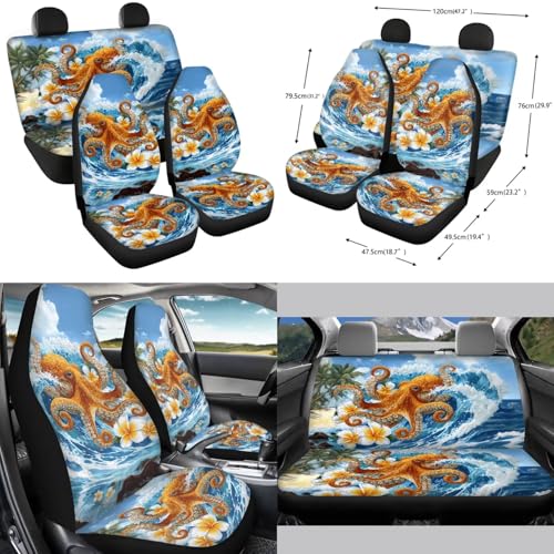 Forchrinse 15Pcs Car Seat Cover Hawaiian Octopus Front Back Seat Protector with Steering Wheel Cover+Seatbelt Pads+Coaster+Handbrake Gearshift Cover+Auto Trash Can for Most Vehicles - color: Hawaiian Octopus Printed