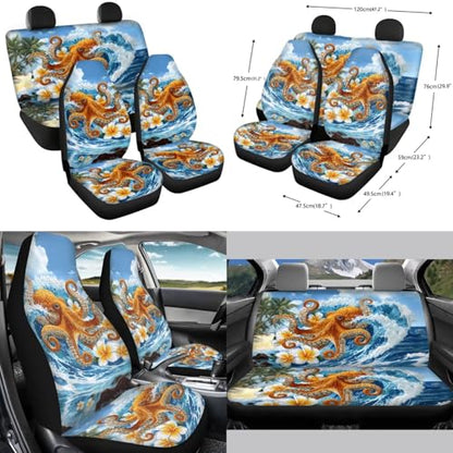 Forchrinse 15Pcs Car Seat Cover Hawaiian Octopus Front Back Seat Protector with Steering Wheel Cover+Seatbelt Pads+Coaster+Handbrake Gearshift Cover+Auto Trash Can for Most Vehicles - color: Hawaiian Octopus Printed