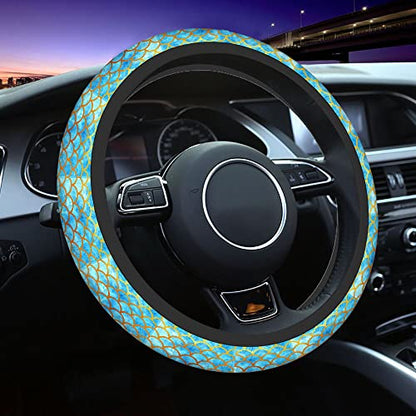 Swono Automotive Steering Wheel Covers Mermaid Scales Watercolor Blue and Gold Fish Scales Neoprene Car Wrap Cover Stretch-On Fabric Breathable Universal 15 Inch for Women Men - color: multi-065