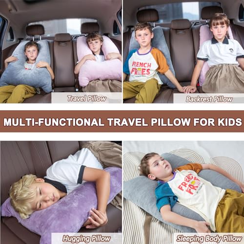 Car Pillow for Kids, Memory Foam Travel Pillow for Car and Adults, Kid Travel Pillow for Sleeping on Road Trip, Small Body Pillow for Kids (Grey)