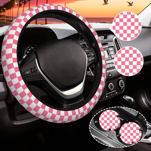 Pink Checkered Steering Wheel Cover for Women,Universal Auto Steering Wheel 14-15 Inch Car Interior Accessories with 2PCS Car Coasters,Suitable for Men and Women - color: pink