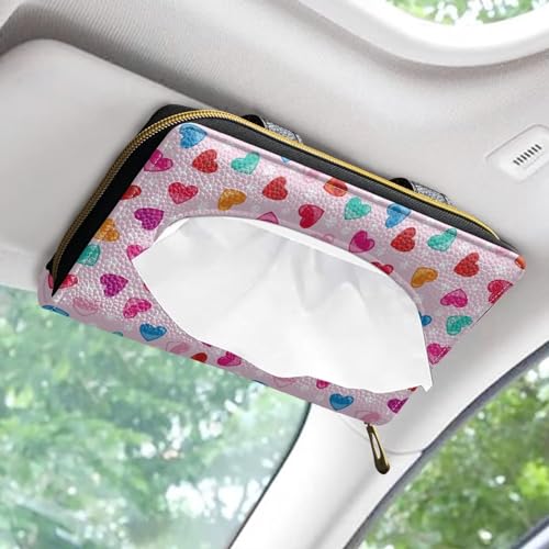 Colorful Hearts Tissue Box Holder Car Visor Tissue Holder PU Leather Sun Visor Napkin, Mask Dispenser Car Visor Accessories Decoration for Women Girls - color: Colorful Hearts