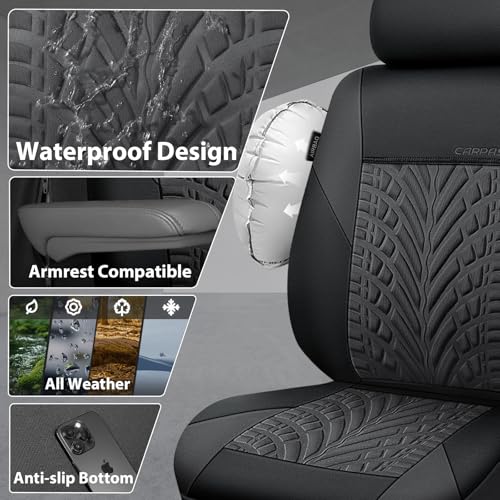 CAR PASS Neoprene Waterproof Seat Covers Full Sets, Wetsuit Car Seat Covers 5 Seats Universal Fit Vans, Truck, SUV, 3D Tyre Embossed Seat Covers Anti Slip with Armrests, Aibag Compatible(Black Gray) - color: Charcoal Neoprene Full sets, size: Full sets