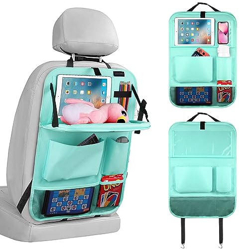 LUCMO Car Backseat Organizer with Tablet Holder,6 Storage Pockets Car Storage Organizer with Foldable Food Tray,Seat Protectors Kick Mats Travel Accessories-Light Blue - color: Mist Blue, size: 1 Pack with Food Tray
