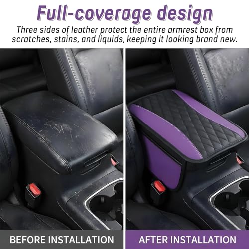 Car Console Covers, Purple Cars Arm Rest Cover Accessories for Women Universal PU Leather Car Armrest Cushion with 2 Storage Pocket for Cars Seats Organizer