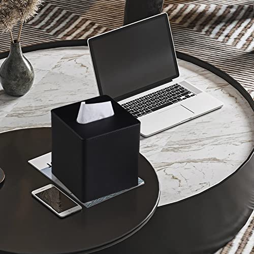 PU Leather Tissue Box Cover Square Tissue Box Holder with Magnetic Closure (Black) - color: Black