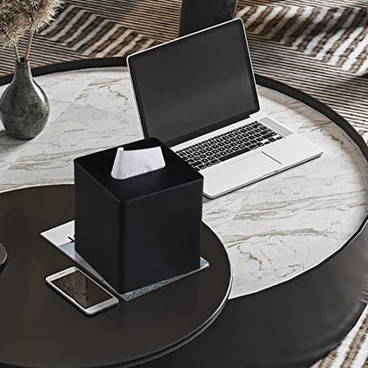 PU Leather Tissue Box Cover Square Tissue Box Holder with Magnetic Closure (Black) - color: Black