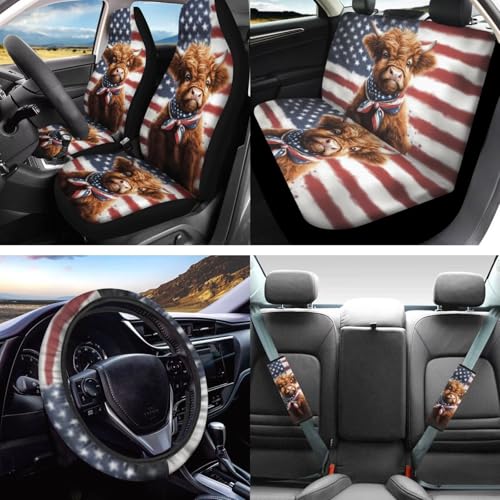 Highland Cattle Print Car Seat Cover Full Sets, Set of 16, American Flag Print Car Front Rear Seat Covers with Steering Wheel Cover Seatbelt Pads Armrest Pads Gear Shift and Handbrake Covers - color: Brown and White - Highland Cattle American Flag