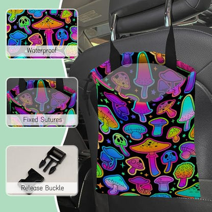 Bright Mushrooms Car Garbage Bag,Colorful Mushroom Waterproof Small Car Trash Bag Hanging Back of Seat,Drawstring Hanging Car Trash Bag with Adjustable Buckle for Car Accessories - color: Bright Mushrooms