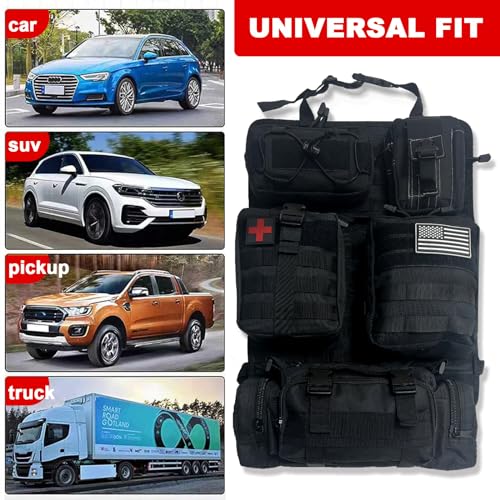Universal Tactical Front Seat Back Organizer with 5 detachable Molle Storage Bag/Hanger Bag,Applicable to all vehicle (Black)