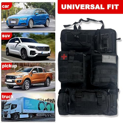 Universal Tactical Front Seat Back Organizer with 5 detachable Molle Storage Bag/Hanger Bag,Applicable to all vehicle (Black)