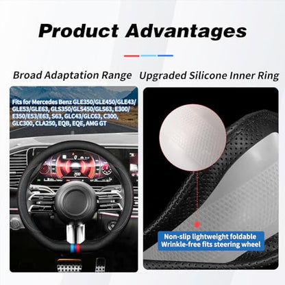 D-Shaped Car Steering Wheel Cover Flat Bottom for Mercedes Benz GLE 350 450 GLC 300 C300 E300 E350 GLS CLA 250 EQB EQE AMG GT Class Accessories, Breathable Nappa Leather, 14.5-15 Inches - size: Round