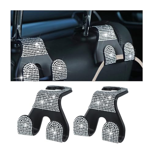 HZEL Bling Car Headrest Hooks, 2PCS Crystal Rhinestone 2 in 1 Vehicle Back Seat Purse Bag Hook for Woman Girl, Auto Interior Hanger Storage Accessories, Universal for SUV Sedan Truck (Silver) - color: Silver