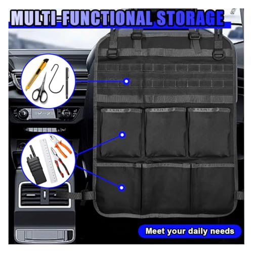 Tactical Molle Panel Car Seat Back Organizer, Waterproof Car Front Seat Protector with Multiple Pockets, Universal Kick Mat for Kids/Pets, Vehicle Backseat Storage Bag for Most Cars (Black)