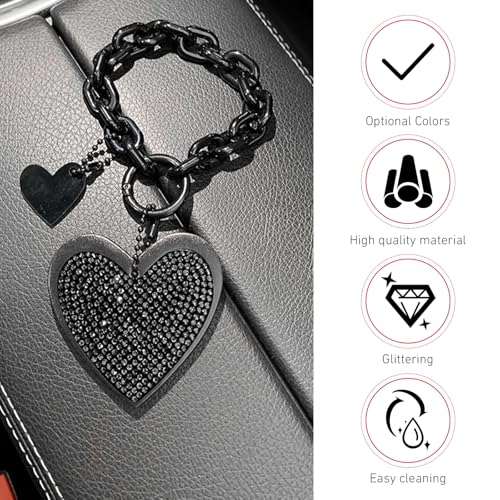 Cute Heart Keychain, Pretty Bling Key Chain Accessories, Sparkling Diamond-Studded Microfiber Leather Car Keyring Wristlet - color: Black