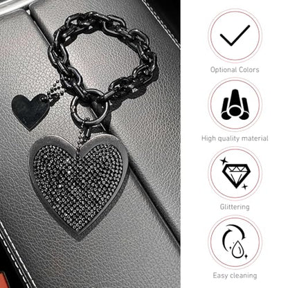 Cute Heart Keychain, Pretty Bling Key Chain Accessories, Sparkling Diamond-Studded Microfiber Leather Car Keyring Wristlet - color: Black