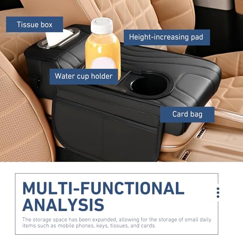 Car Armrest Cushion, Leather Center Console Cover Protector, Multifunctional Storage Pad with Dual Cup Holder, Tissue Box & Side Card Slot, Universal for Most Cars (Black) - color: Black