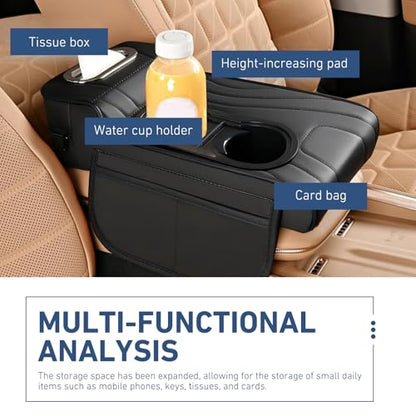 Car Armrest Cushion, Leather Center Console Cover Protector, Multifunctional Storage Pad with Dual Cup Holder, Tissue Box & Side Card Slot, Universal for Most Cars (Black) - color: Black