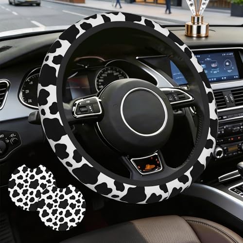 Cow Print Steering Wheel Cover with 2 PCS Cup Coasters for Car,Black and White Cow Print 15 Inch Non-Slip Neoprene Steering Wheel Covers,Breathable Car Accessories Fit for Men Women - color: Cow Print