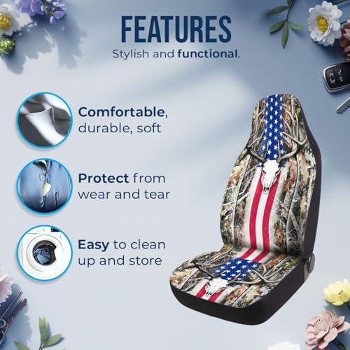 GENANY Hunting Car Seat Covers Set of 2, Deer Skull Breathable Front Seat Covers for Truck Sedan SUV, American Flag Car Accessories, Hunting Gift for Women Men - color: Deer Skull