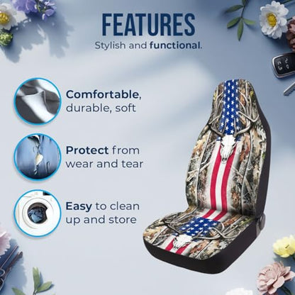 GENANY Hunting Car Seat Covers Set of 2, Deer Skull Breathable Front Seat Covers for Truck Sedan SUV, American Flag Car Accessories, Hunting Gift for Women Men - color: Deer Skull