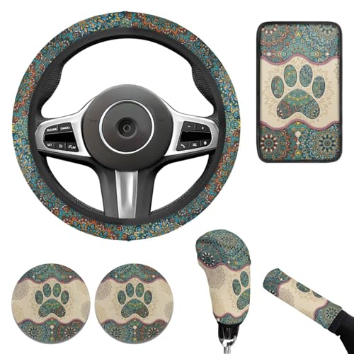 Dog Claw Car Steering Wheel Covers Set Bohemian Print Car Interior Accessories Cup Holder,Handbrake Gear Cover for Vans Truck SUV - color: Dog Claw