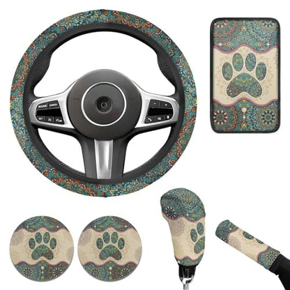 Dog Claw Car Steering Wheel Covers Set Bohemian Print Car Interior Accessories Cup Holder,Handbrake Gear Cover for Vans Truck SUV - color: Dog Claw