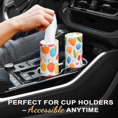 Car Tissue Holder (4 PK) - 50 3-Ply Tissues per Cylinder, Fits Car Cup Holders, Portable Travel Tubes Box Container, Tulip Design, Round Tissue Container for Car Accessories - style: Tulip