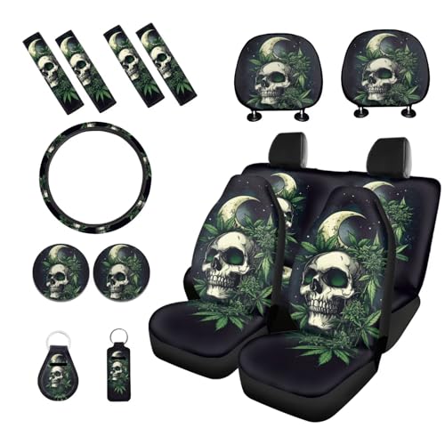 Skull Moon Leaf Printed 15 Pcs Car Seat Cover Set, Universal Car Accessory Set Front Rear Seat Covers Steering Wheel Cover Car Headrest Cover Seat Belt Covers Car Coaster - color: Black and Green-Skull Moon Leaf