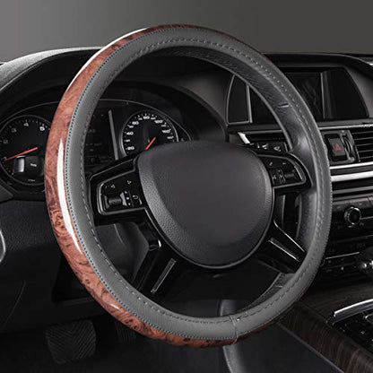 CAR PASS Wood Grain Microfiber Leather Steering Wheel Cover, Universal Fit for 14 1/2-15 inch Gray Steering Wheel, Anti-Slip Veins Design,Cars, Suvs,Minivans, Sedans (Gray) - color: gray
