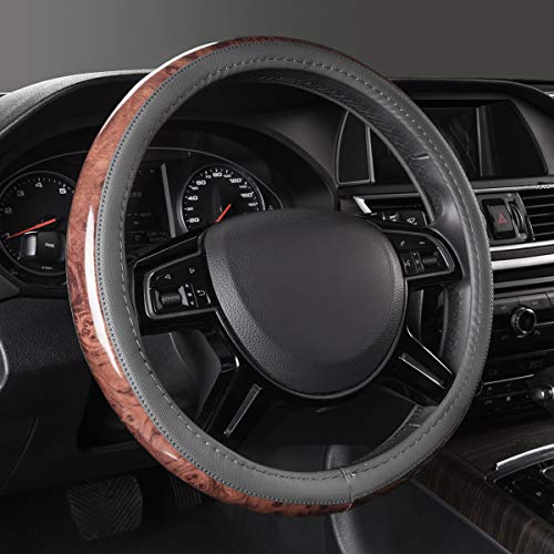 CAR PASS Wood Grain Microfiber Leather Steering Wheel Cover, Universal Fit for 14 1/2-15 inch Gray Steering Wheel, Anti-Slip Veins Design,Cars, Suvs,Minivans, Sedans (Gray) - color: gray