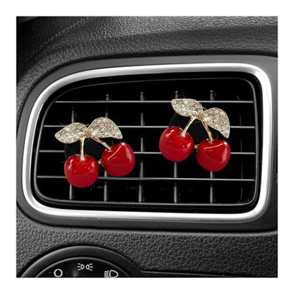 2PCS Cherry Car Air Vent Freshener Perfume Clip, Rhinestone Vehicle A/C Outlet Clips Bling Charm with Scented Pads, Sparkly Diamond Vent Clamp Cute Cherry Decoration for Women